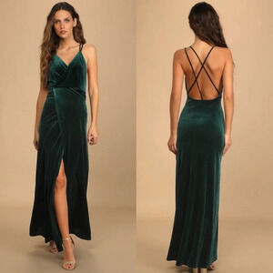 Lulu's Whimsical Romance Emerald Green Velvet Faux-Wrap Maxi Dress S Wedding